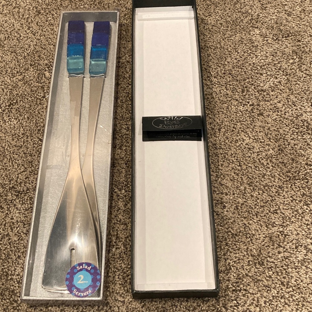 Wild Eye Designs Salad Servers Shades Of Blue Tiled Handles 2 Open Box Stainless